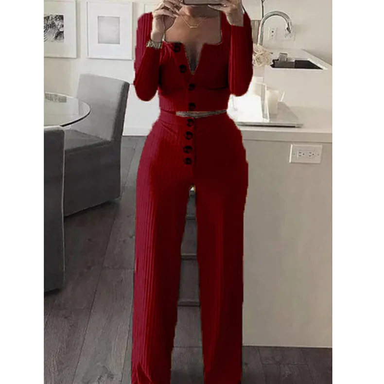 2 Piece Long Sleeve Sexy Crop Top And Pant Sets Square Collar Knitted Fabric Casual Ladies Suit Two Piece Set Women Clothing