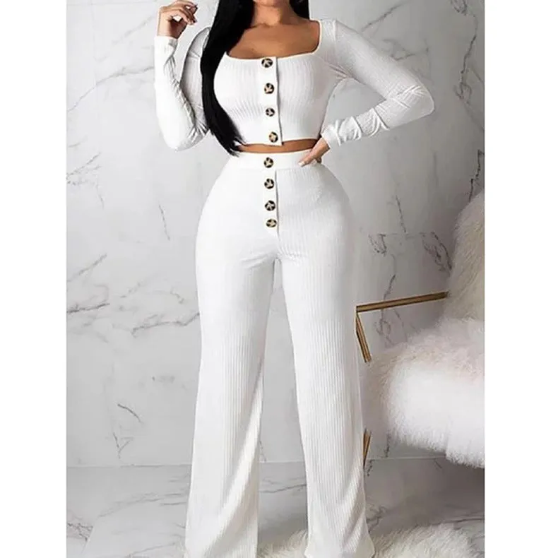 2 Piece Long Sleeve Sexy Crop Top And Pant Sets Square Collar Knitted Fabric Casual Ladies Suit Two Piece Set Women Clothing