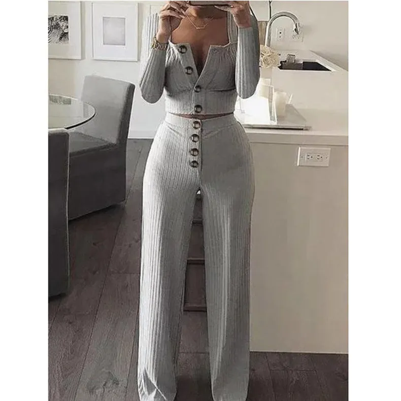 2 Piece Long Sleeve Sexy Crop Top And Pant Sets Square Collar Knitted Fabric Casual Ladies Suit Two Piece Set Women Clothing