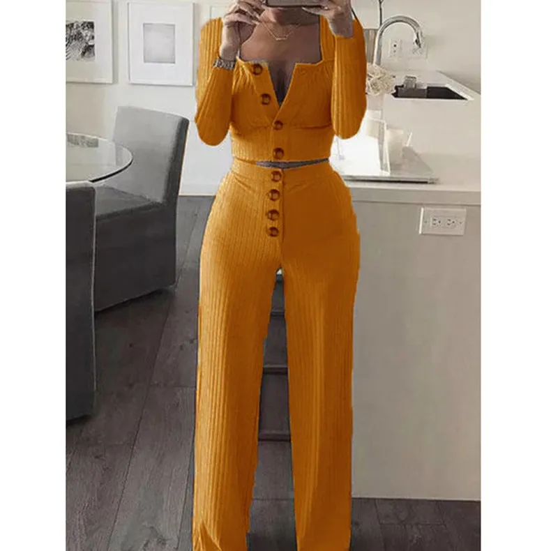 2 Piece Long Sleeve Sexy Crop Top And Pant Sets Square Collar Knitted Fabric Casual Ladies Suit Two Piece Set Women Clothing