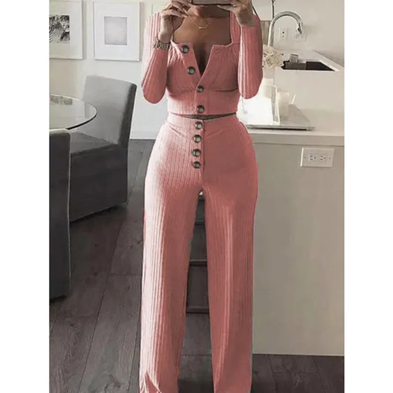 2 Piece Long Sleeve Sexy Crop Top And Pant Sets Square Collar Knitted Fabric Casual Ladies Suit Two Piece Set Women Clothing