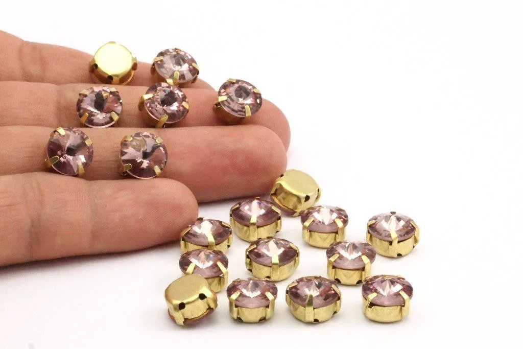 Amethyst Rhinestone Setting, 20 Ss47 Light Amethyst Rivoli Sew On Rhinestone Raw Brass Prong Settings 4 Hole Slider (10.5mm)