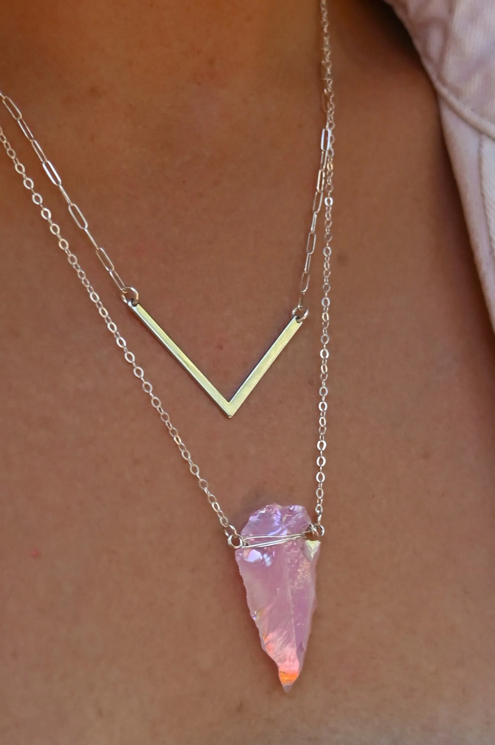 Angel Baby Aura Rose Quartz Arrowhead Silver Necklace