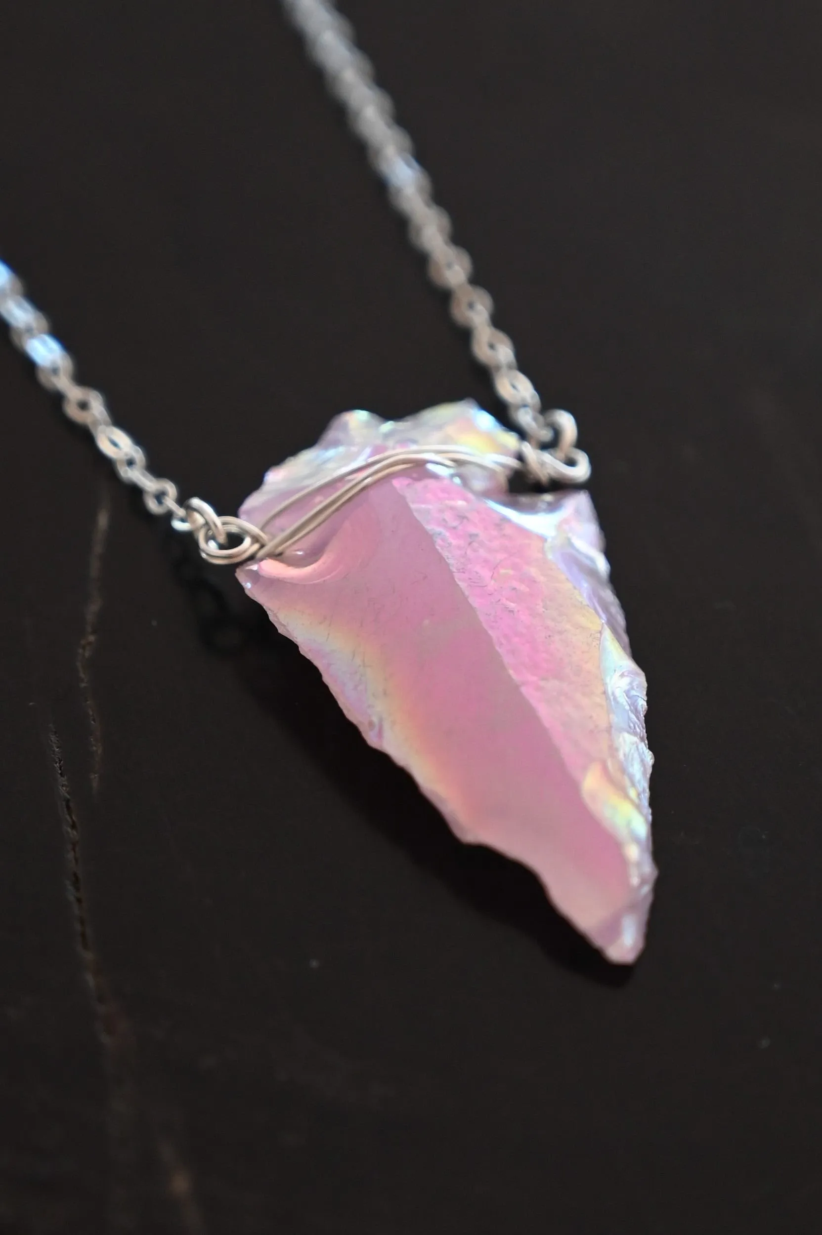 Angel Baby Aura Rose Quartz Arrowhead Silver Necklace