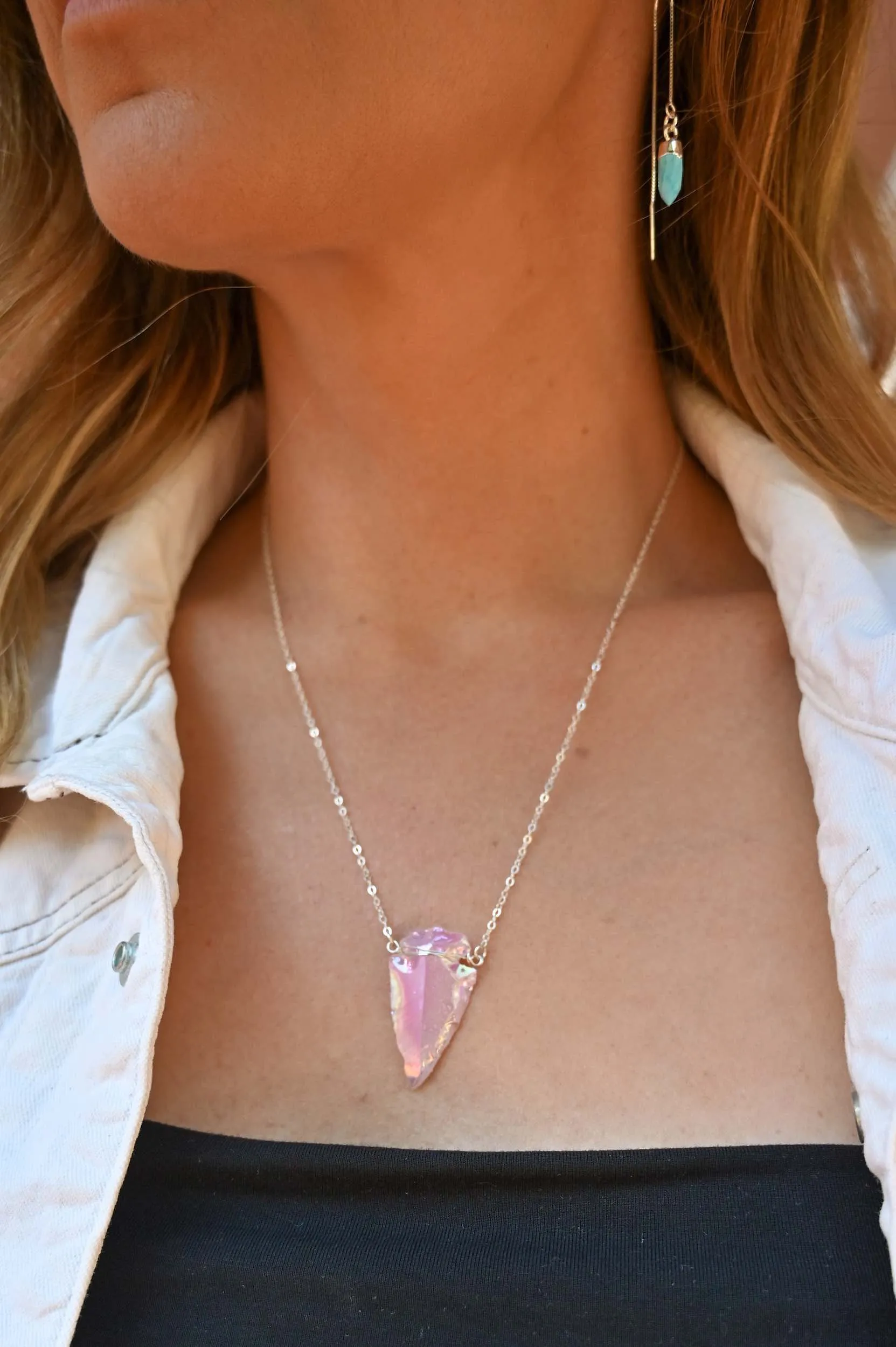 Angel Baby Aura Rose Quartz Arrowhead Silver Necklace