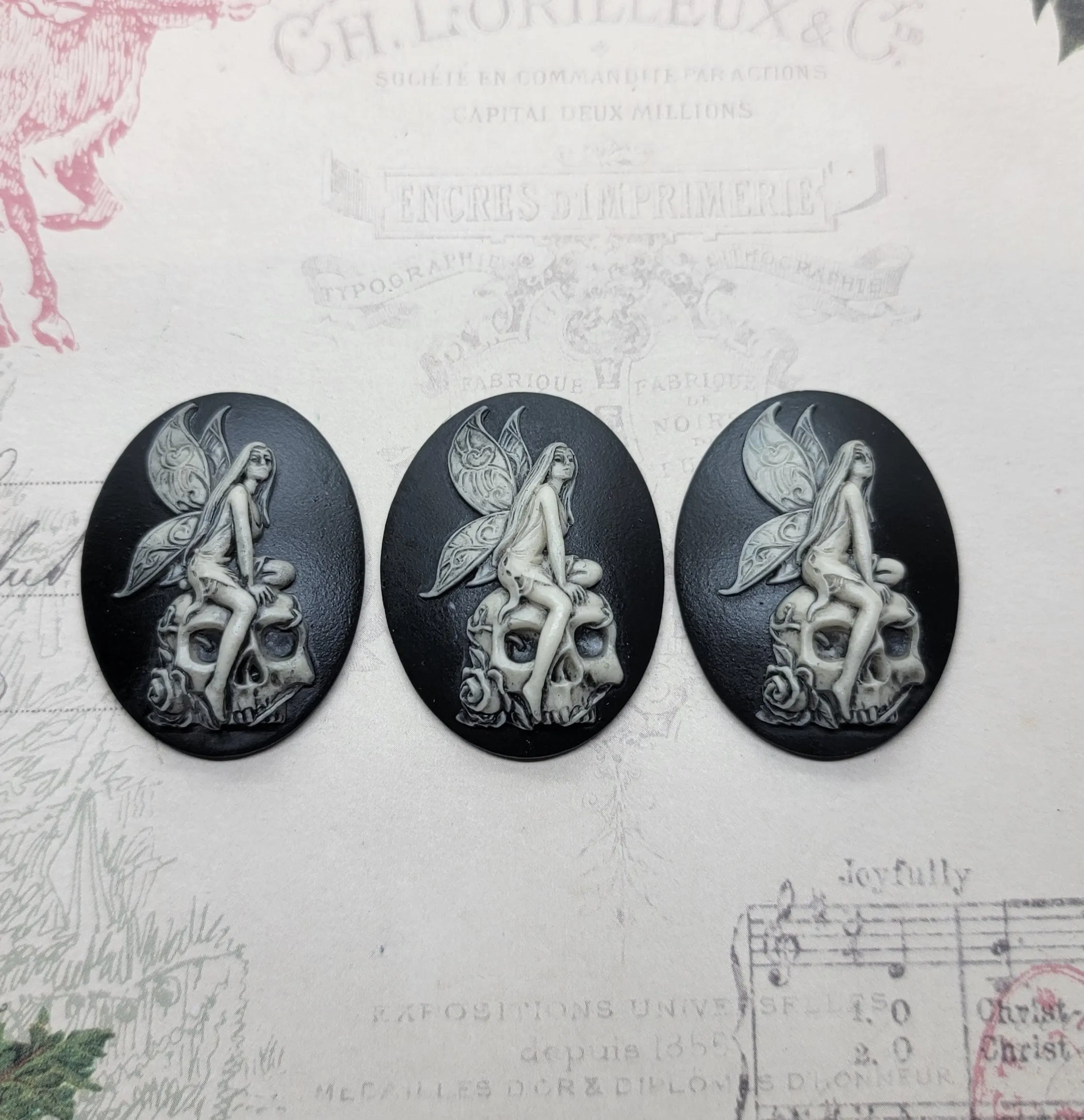 Antiqued 40x30mm Skull Zombie Fairy Cameos (3) - ANTBLKL911 Jewelry Finding