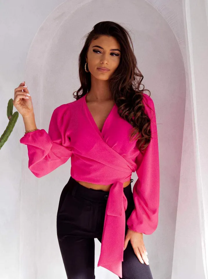 Blusa fucsia a manica lunga con scollo a V sovrapposto allacciabile in vita