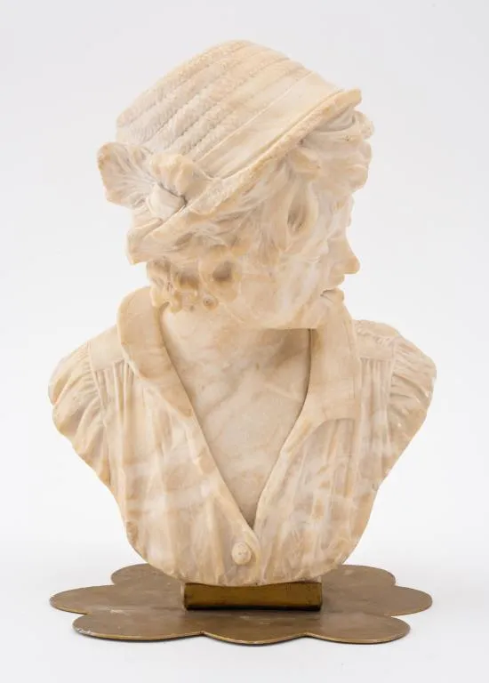 Bust of a Young Man Sculpture, Alabaster, on a Brass Base