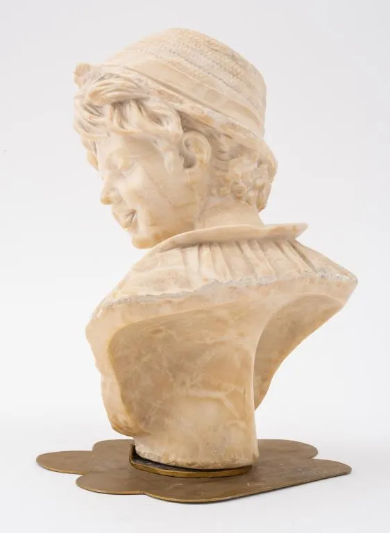 Bust of a Young Man Sculpture, Alabaster, on a Brass Base