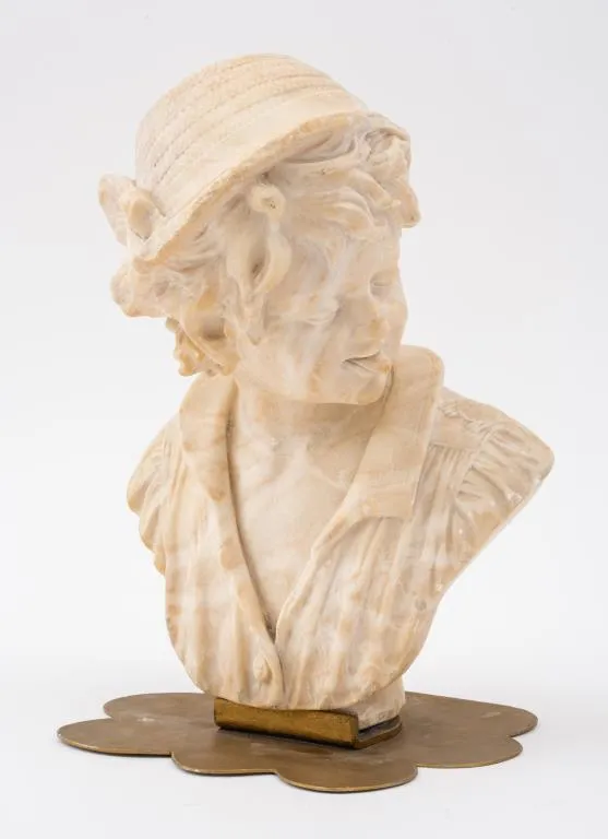 Bust of a Young Man Sculpture, Alabaster, on a Brass Base