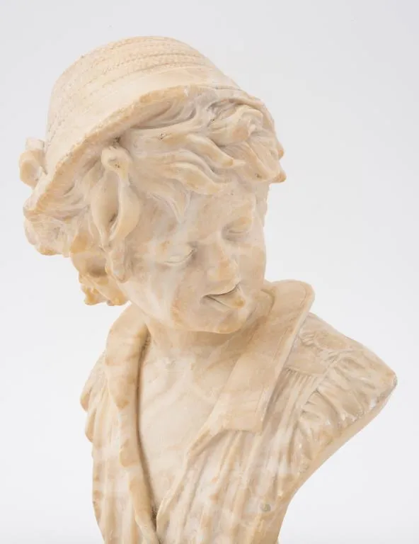 Bust of a Young Man Sculpture, Alabaster, on a Brass Base