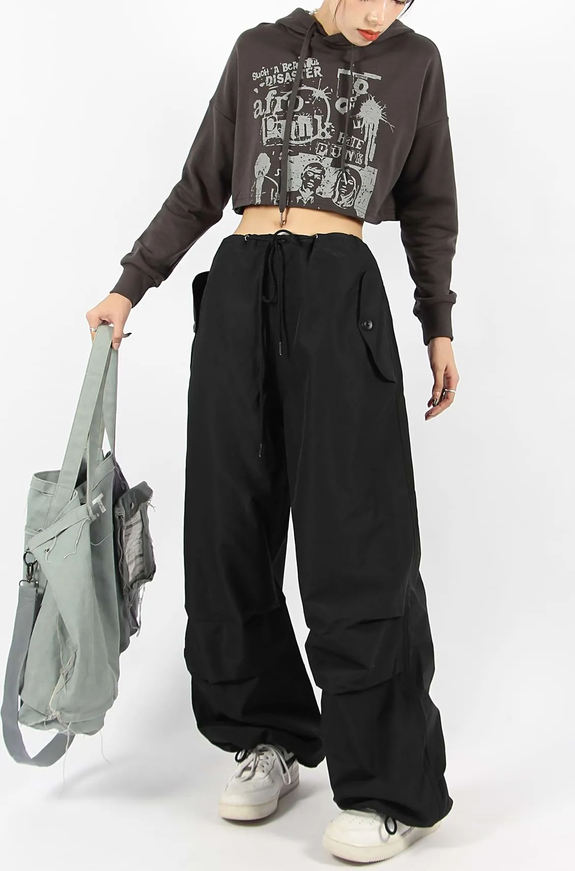 Button Pocket Oversized Parachute Pants