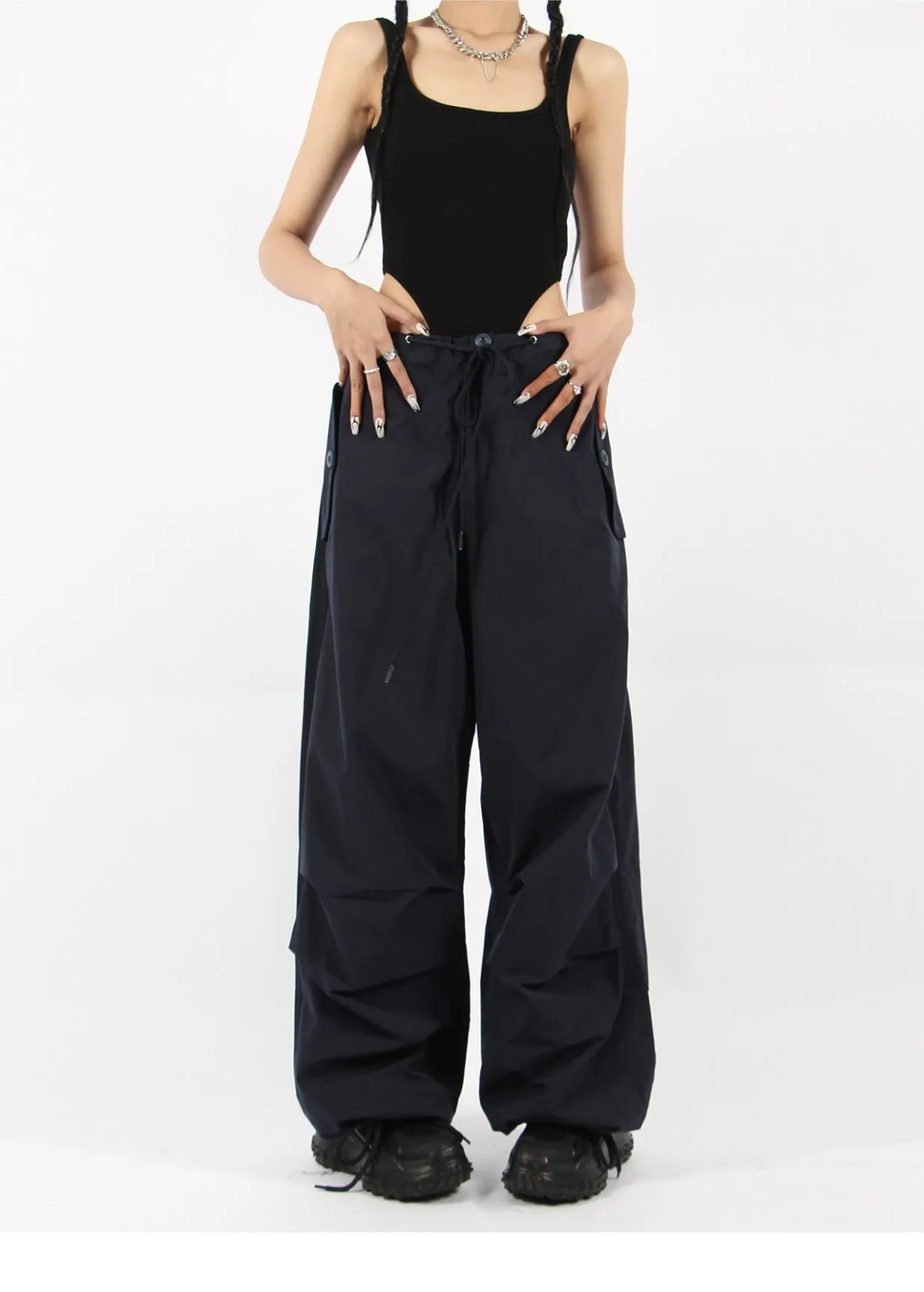 Button Pocket Oversized Parachute Pants