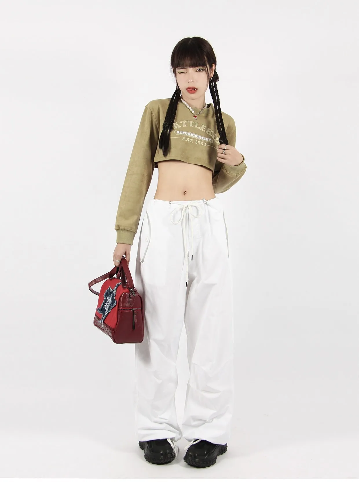 Button Pocket Oversized Parachute Pants