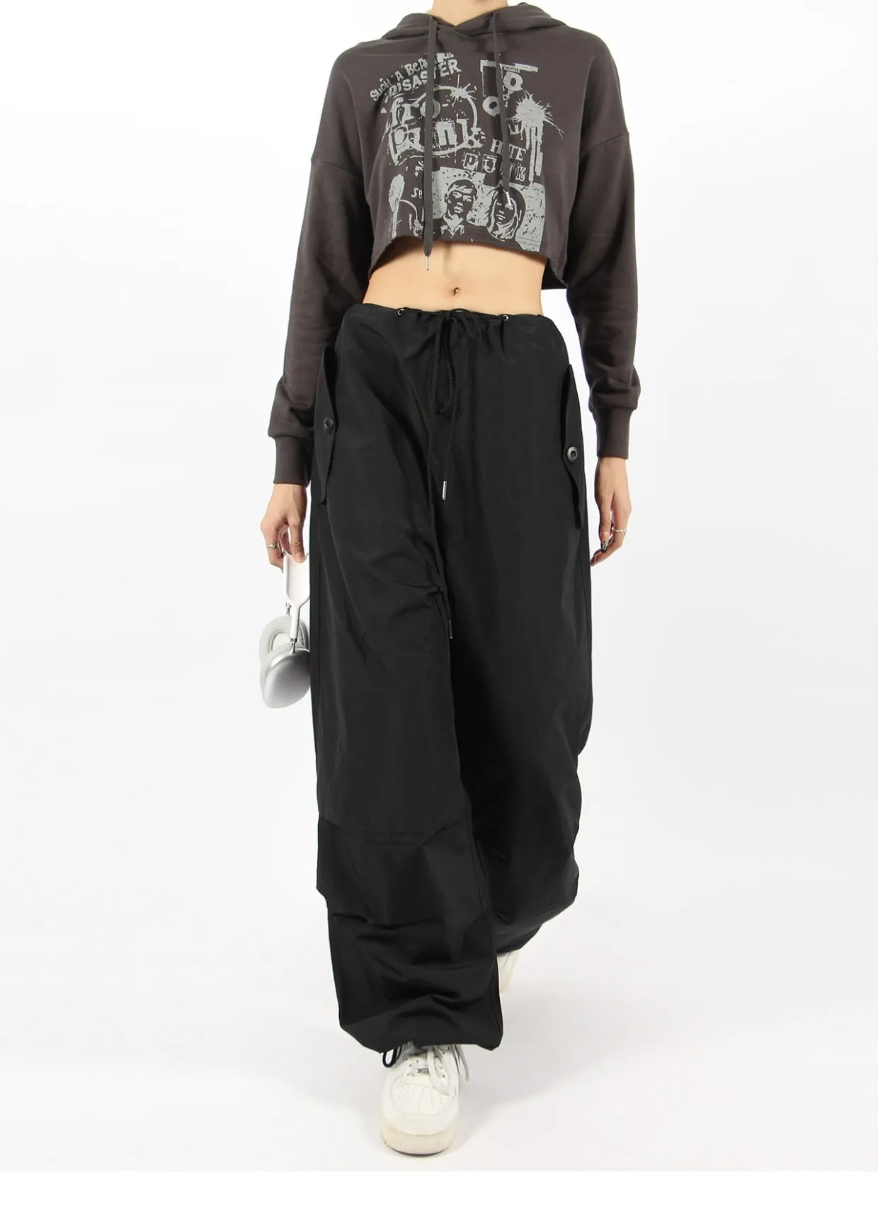 Button Pocket Oversized Parachute Pants