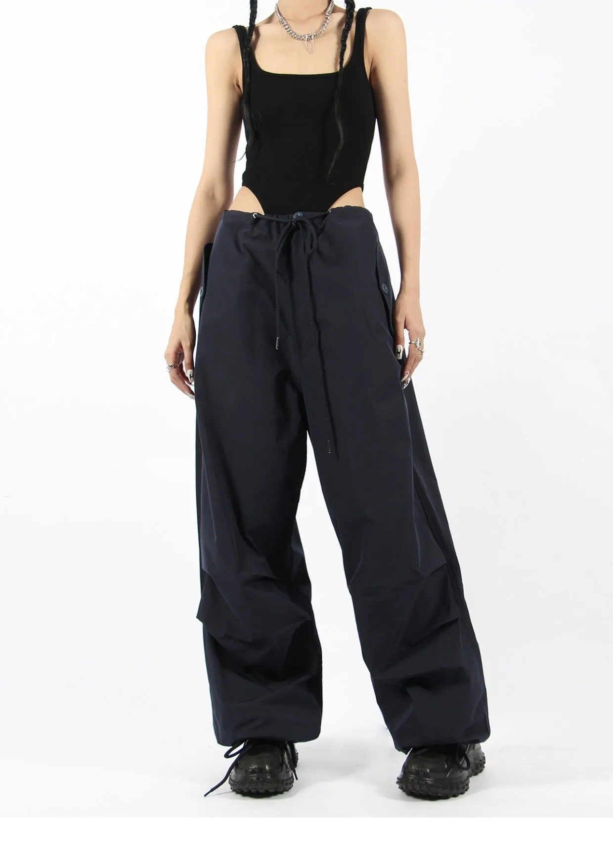 Button Pocket Oversized Parachute Pants