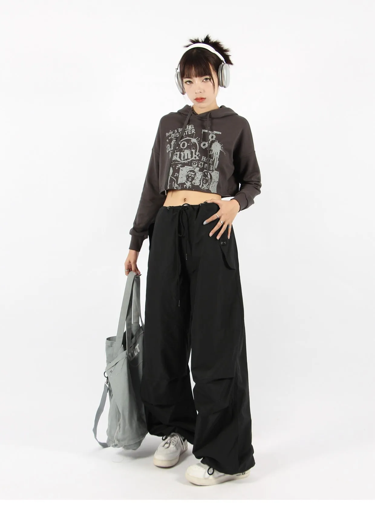 Button Pocket Oversized Parachute Pants