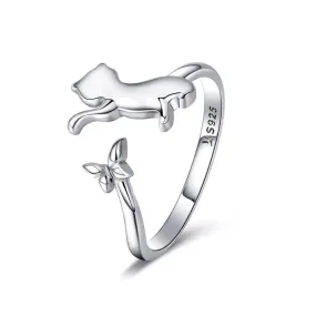 Cat-Playing-with-Butterfly Ring in Solid 925 Sterling Silver