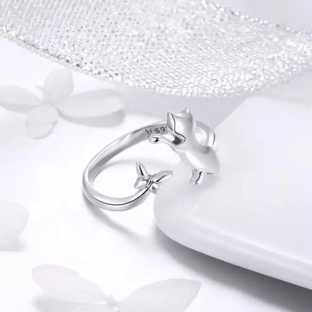 Cat-Playing-with-Butterfly Ring in Solid 925 Sterling Silver