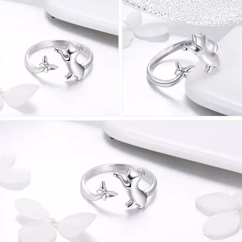 Cat-Playing-with-Butterfly Ring in Solid 925 Sterling Silver