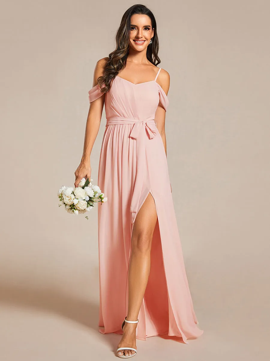 Chiffon Cold Shoulder Bowknot Bridesmaid Dress With Side Split