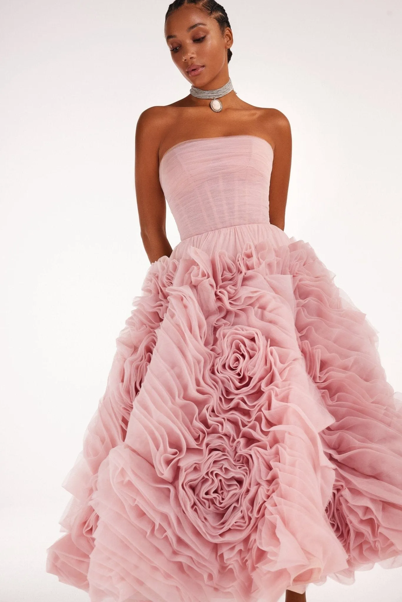 Dramatically flowered tulle dress in misty pink