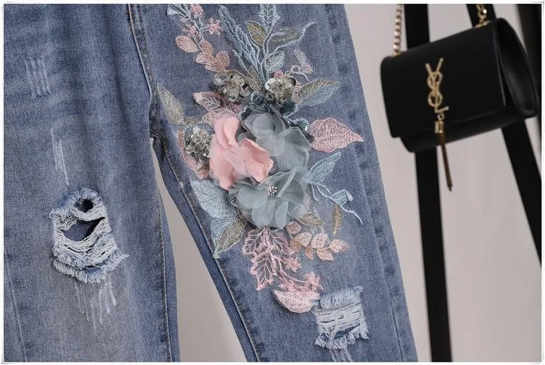 Embroidered Floral Jeans Outfit Set