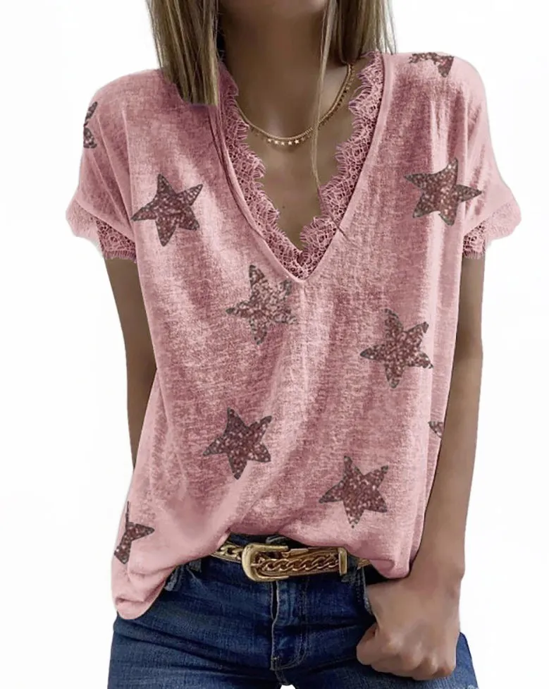 Haute Edition Women's Star Printed V-Neck Lace Trim Tee