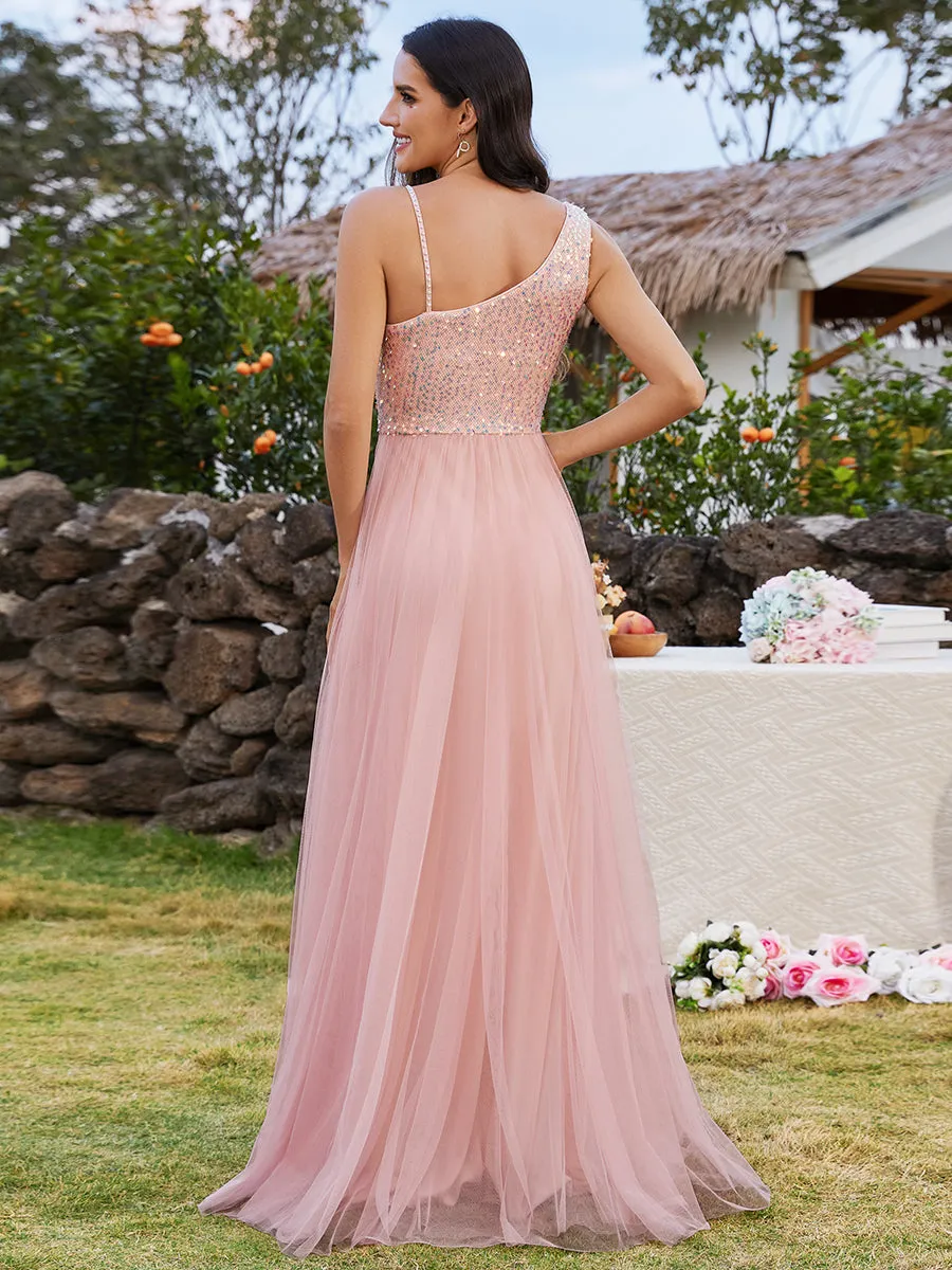 Maxi Long Sequin One Shoulder Tulle Bridesmaid Dress