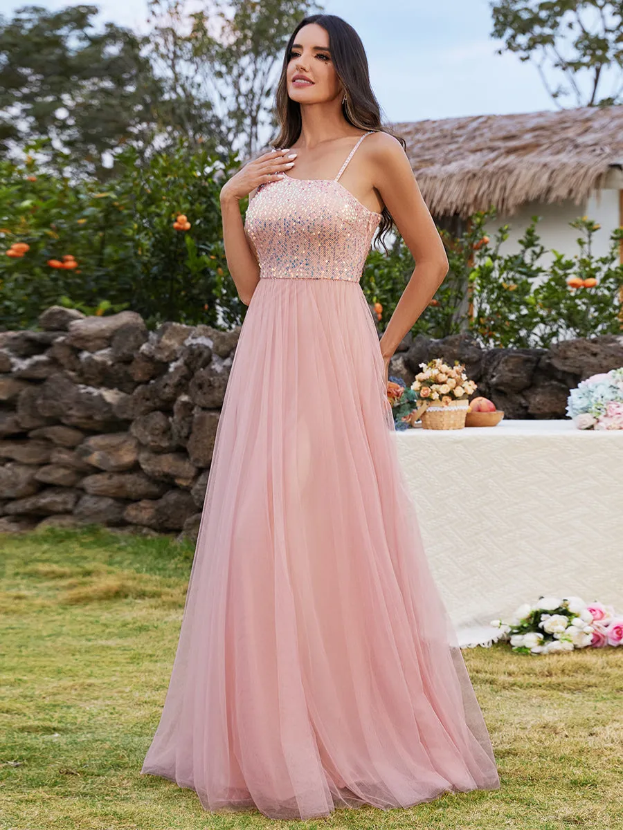 Maxi Long Sequin One Shoulder Tulle Bridesmaid Dress