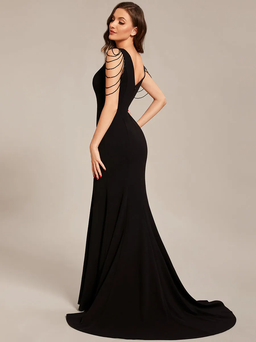 Maxi Long V Neck Sleeveless Beaded Chiffon Evening Dress