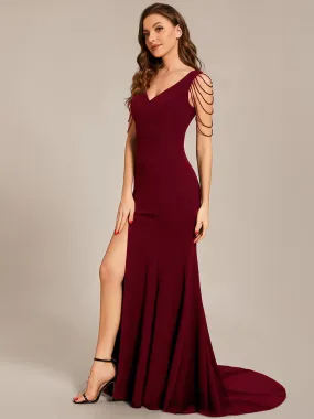 Maxi Long V Neck Sleeveless Beaded Chiffon Evening Dress