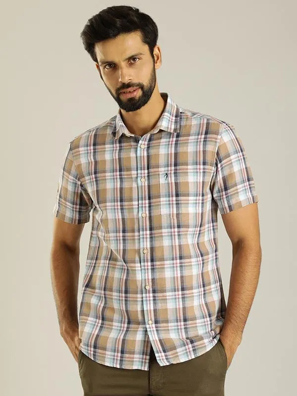 Men Checked Half Sleeve Linen Blend Shirt