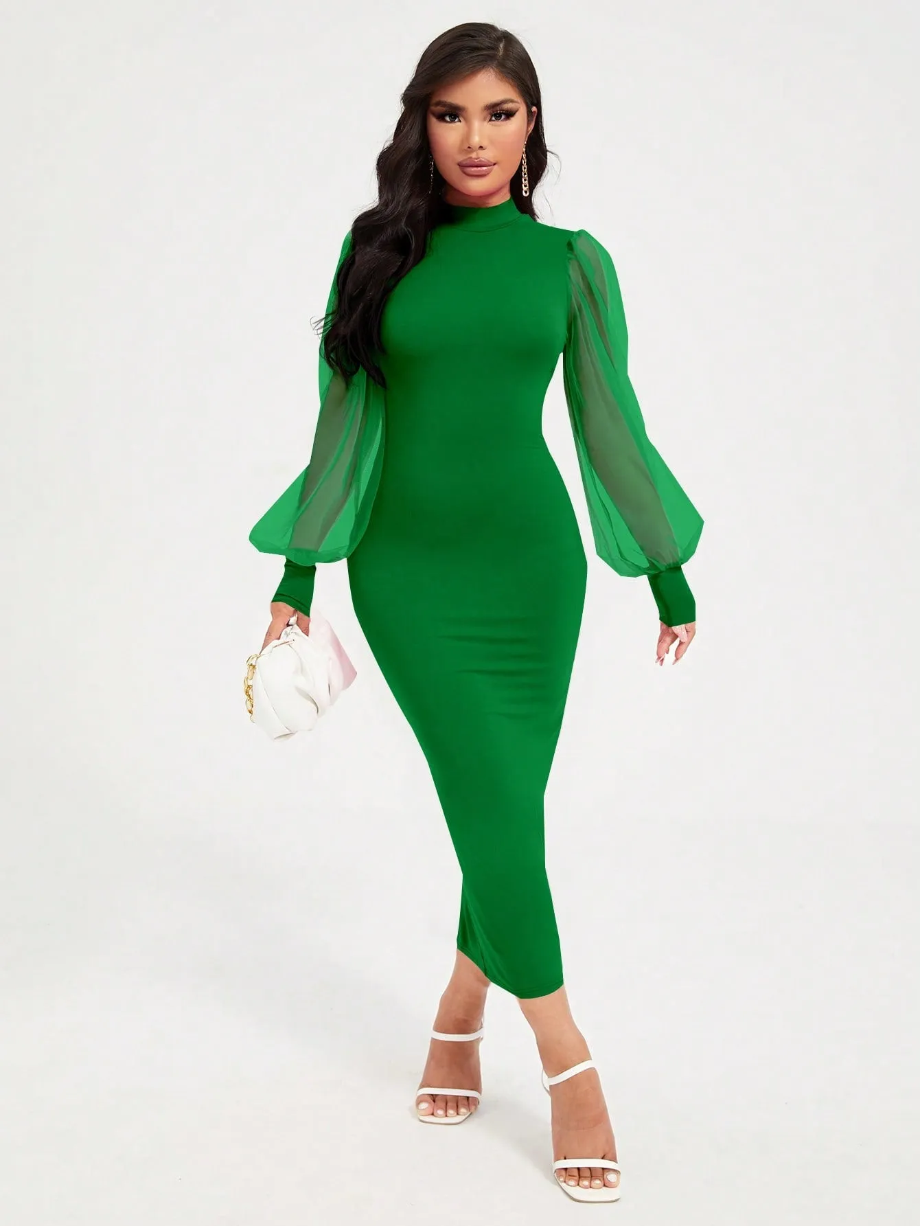 Mock Neck Mesh Bell Sleeve Maxi Dress