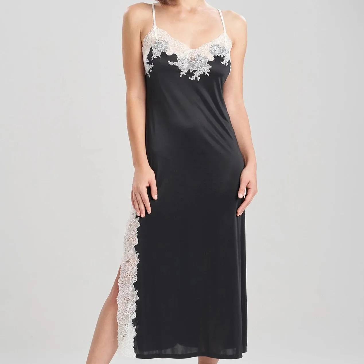 Natori Enchant Lace Slit Gown in Black with Ivory Lace P73012