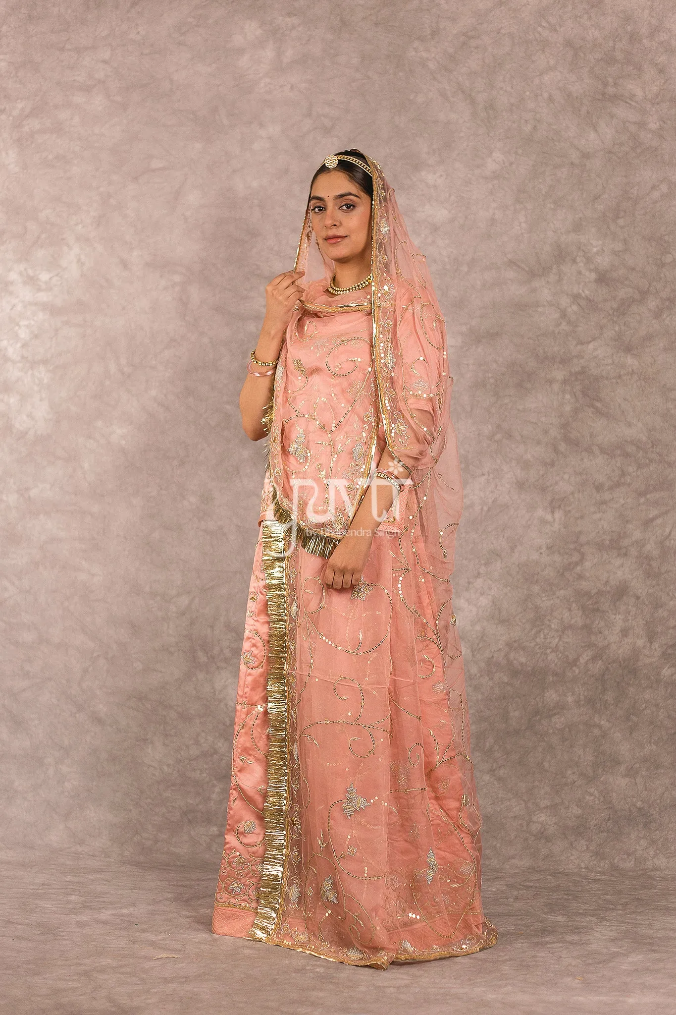 Peach Bamber Satin Zardozi Salma work Poshak