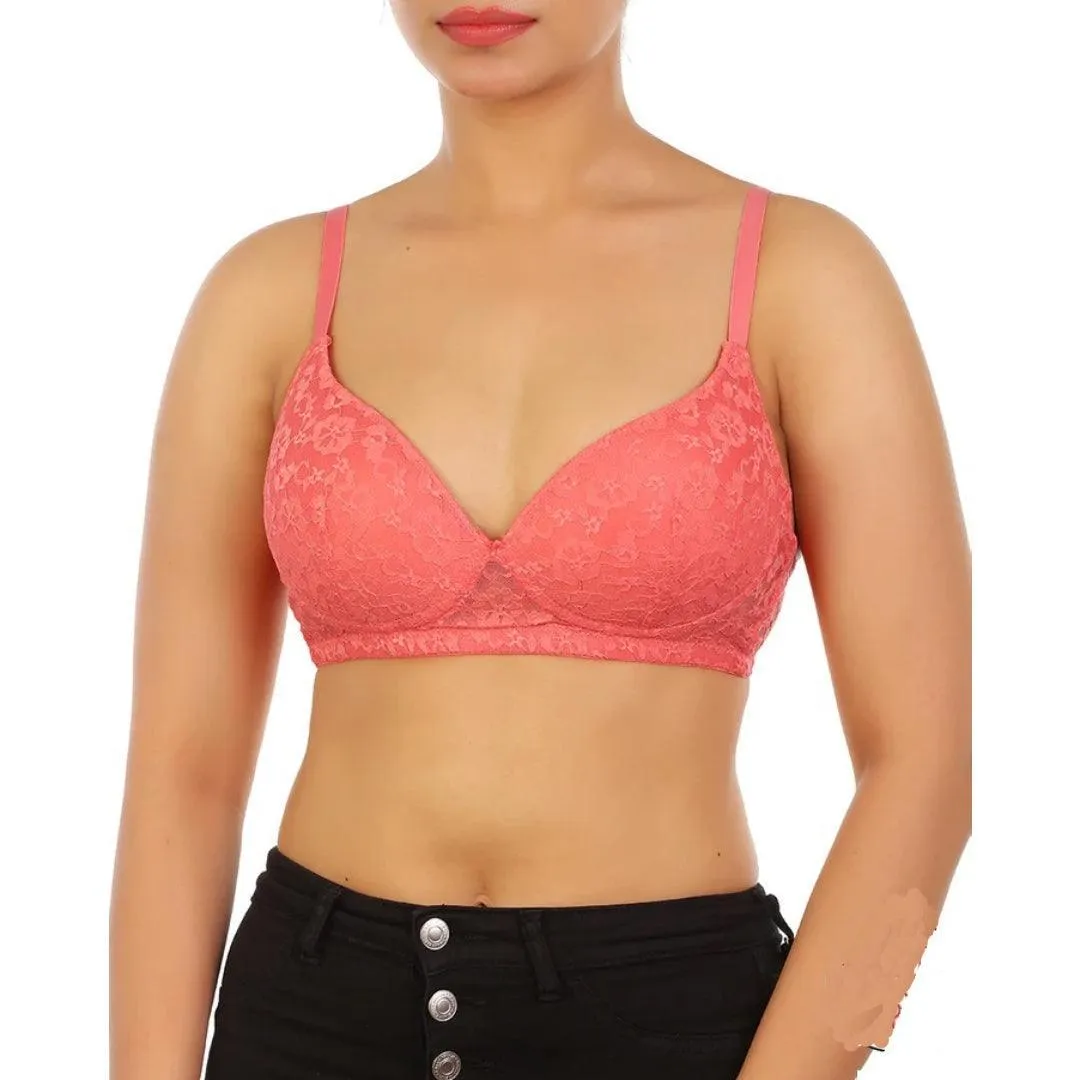 Peach Colors Padded Bra with Lace Light Padded Push-Up Bra with Adjustable Straps For Women