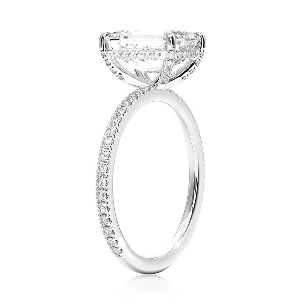 Petite Pavé Emerald Cut Engagement Ring With Hidden Halo