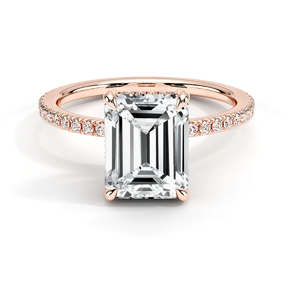 Petite Pavé Emerald Cut Engagement Ring With Hidden Halo