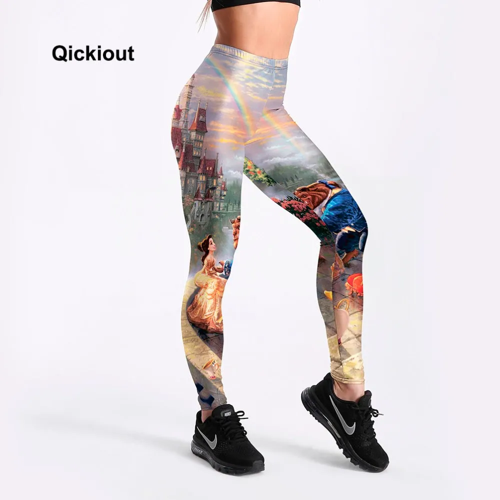 Qickitout Leggings Women's workout leggings Princess beauty and beast queen Black skull Pants PUSh Up fitness clothing Big Size