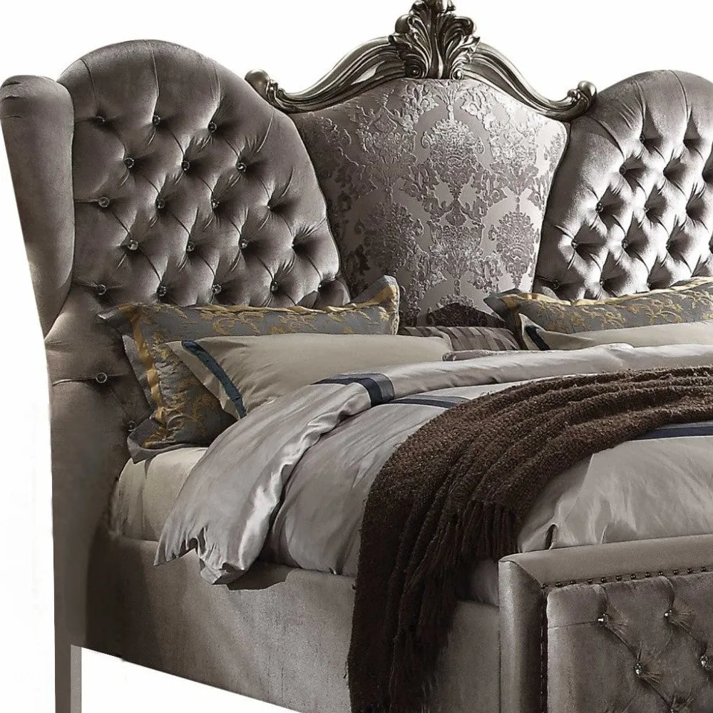 Queen Tufted Gray And Gray and Black Upholstered Velvet Bed With Nailhead Trim