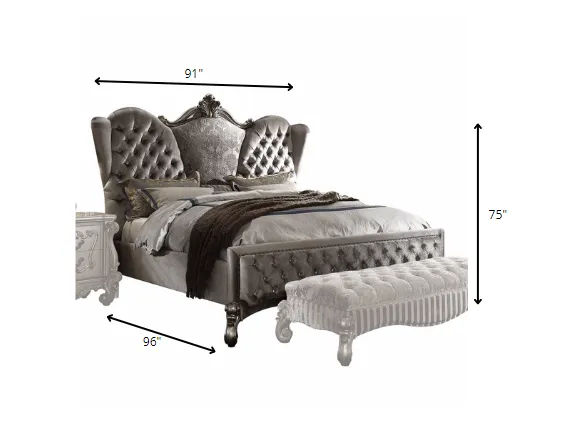 Queen Tufted Gray And Gray and Black Upholstered Velvet Bed With Nailhead Trim