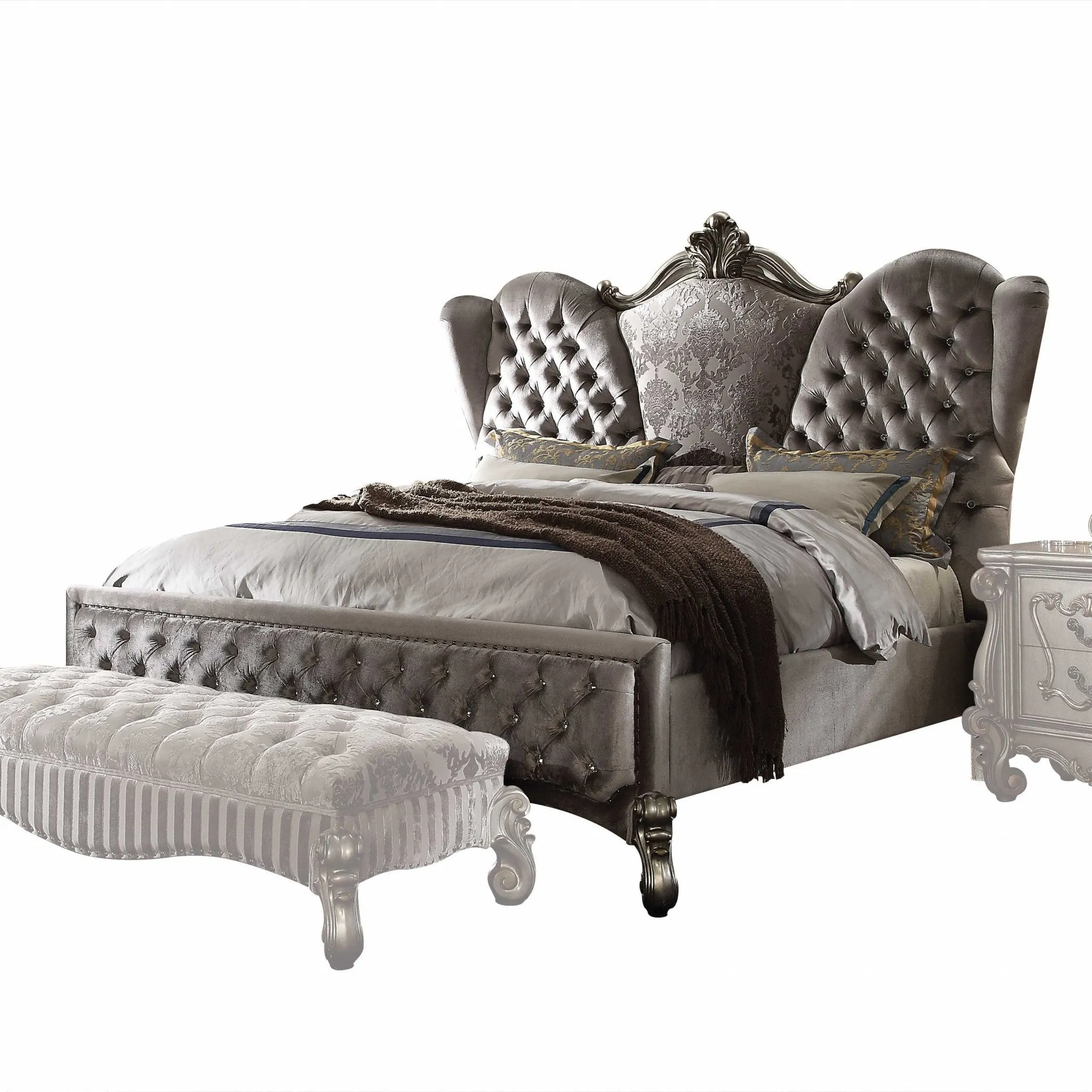 Queen Tufted Gray And Gray and Black Upholstered Velvet Bed With Nailhead Trim