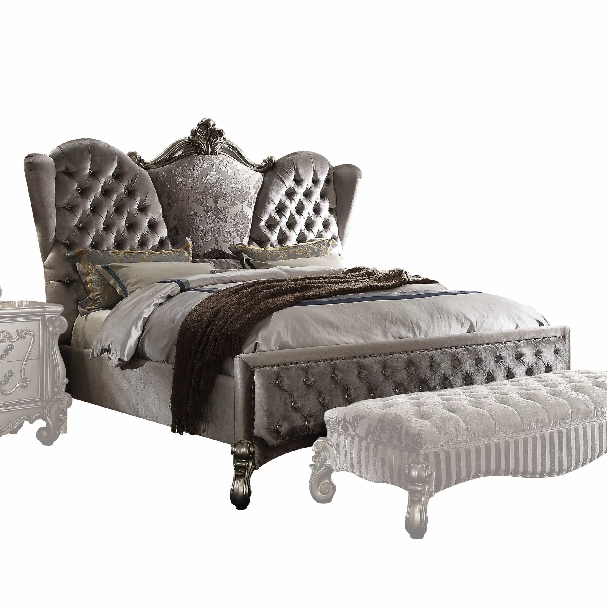 Queen Tufted Gray And Gray and Black Upholstered Velvet Bed With Nailhead Trim