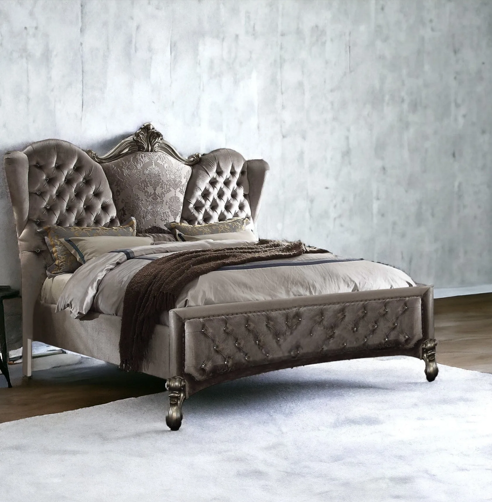 Queen Tufted Gray And Gray and Black Upholstered Velvet Bed With Nailhead Trim