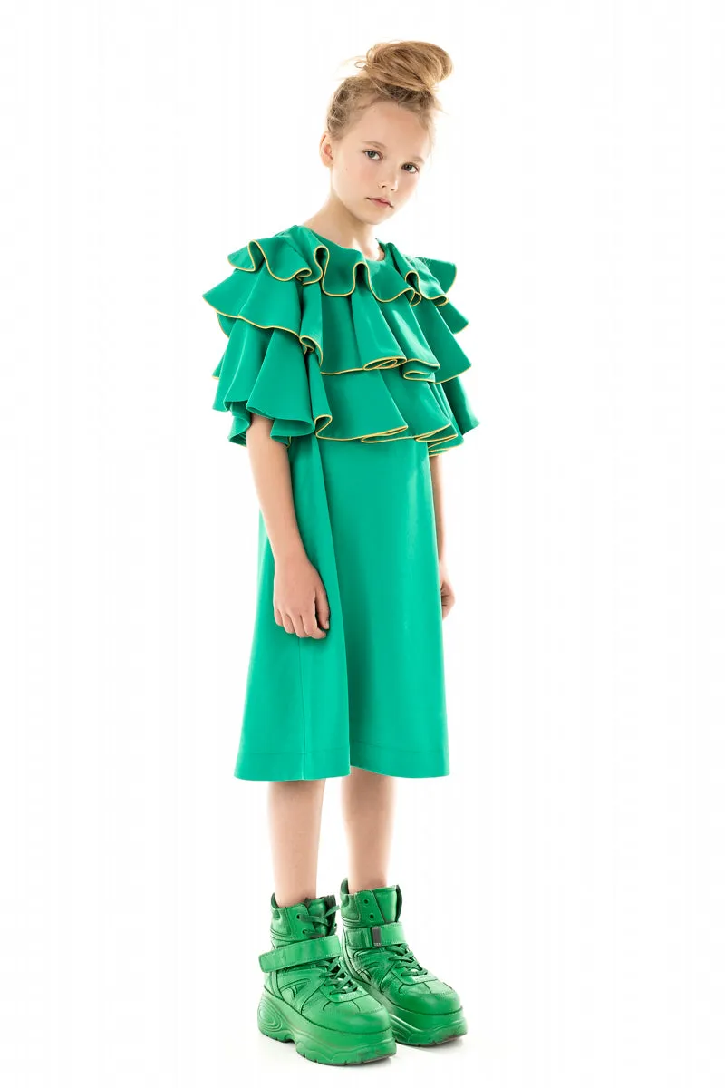 RUFFLE WITH PIPING YOKE GREEN DRESS