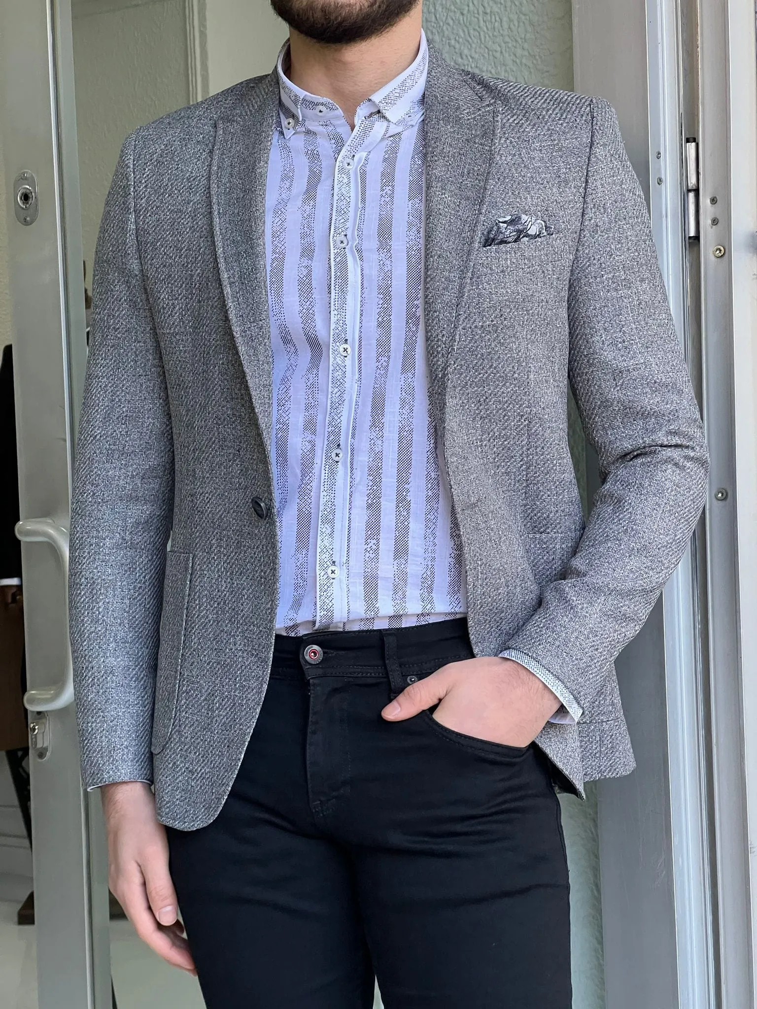 Slim Fit Self-Patterned Grey Jacket