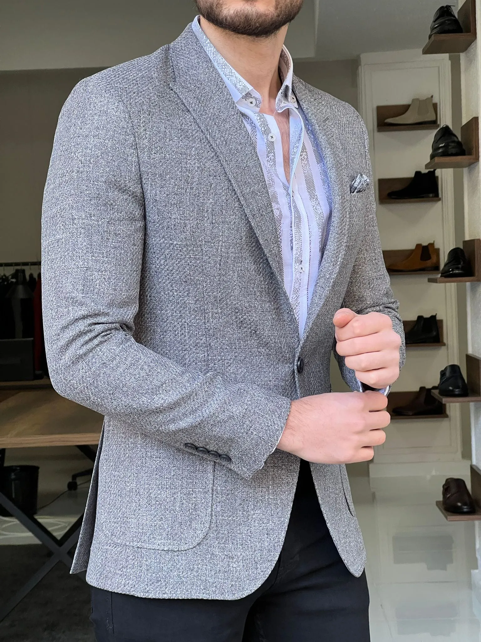 Slim Fit Self-Patterned Grey Jacket