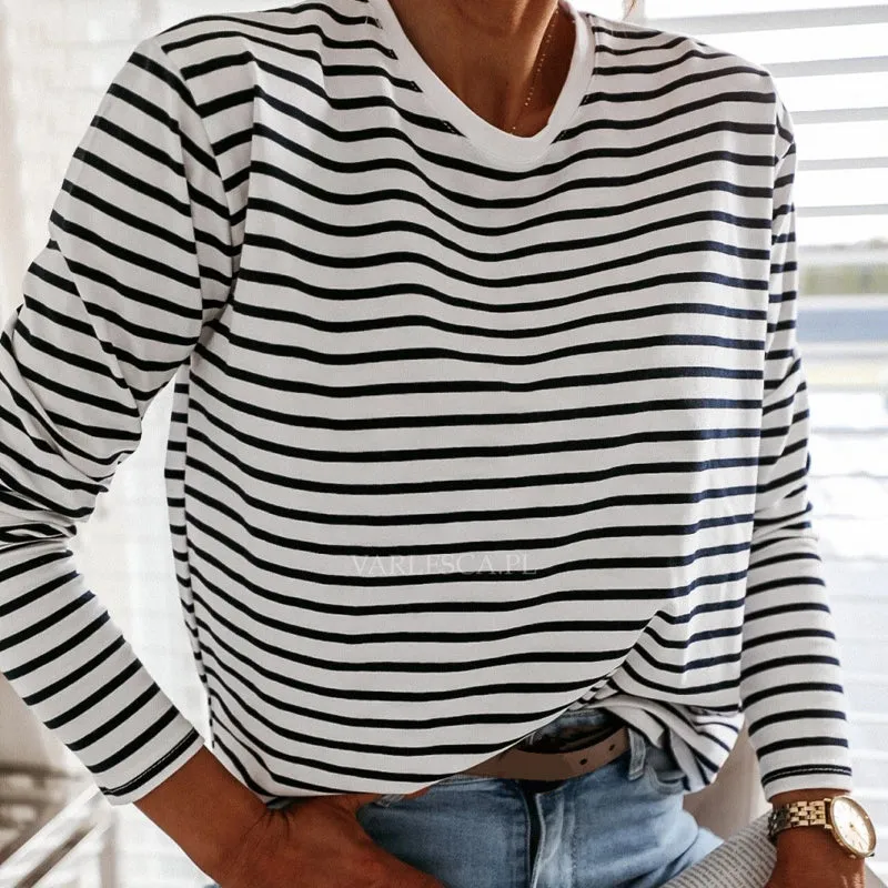 Stripes O Neck Casual Tops