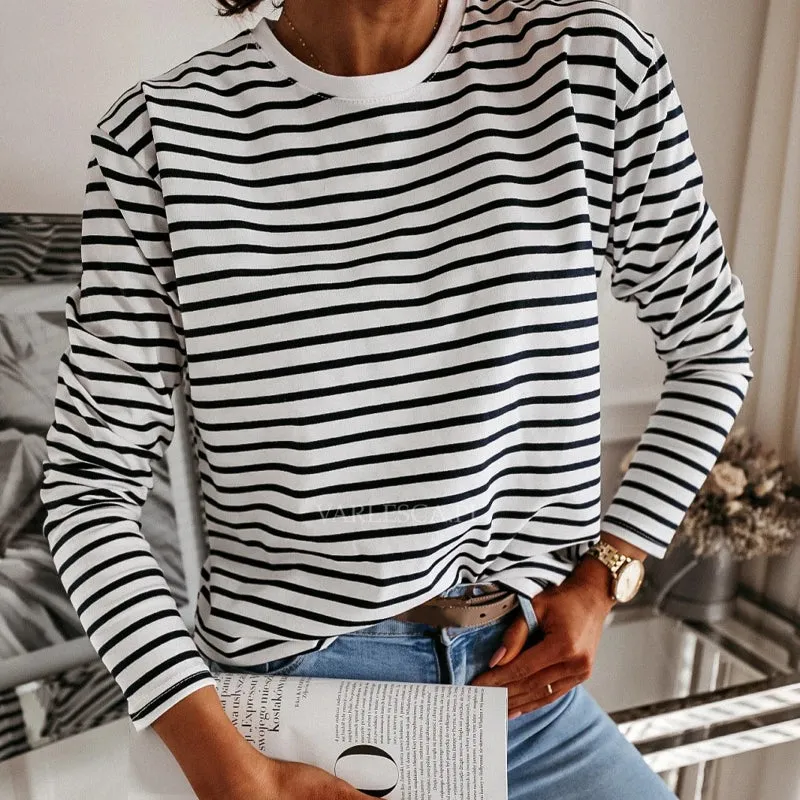 Stripes O Neck Casual Tops